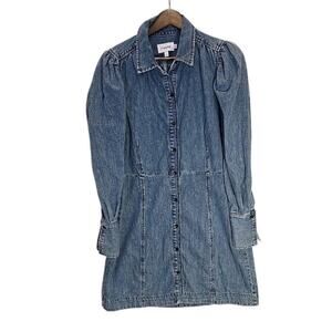 FRAME Eugenia Denim Puff Sleeve Mini Dress Blue Button Front L Large LWWD0606
